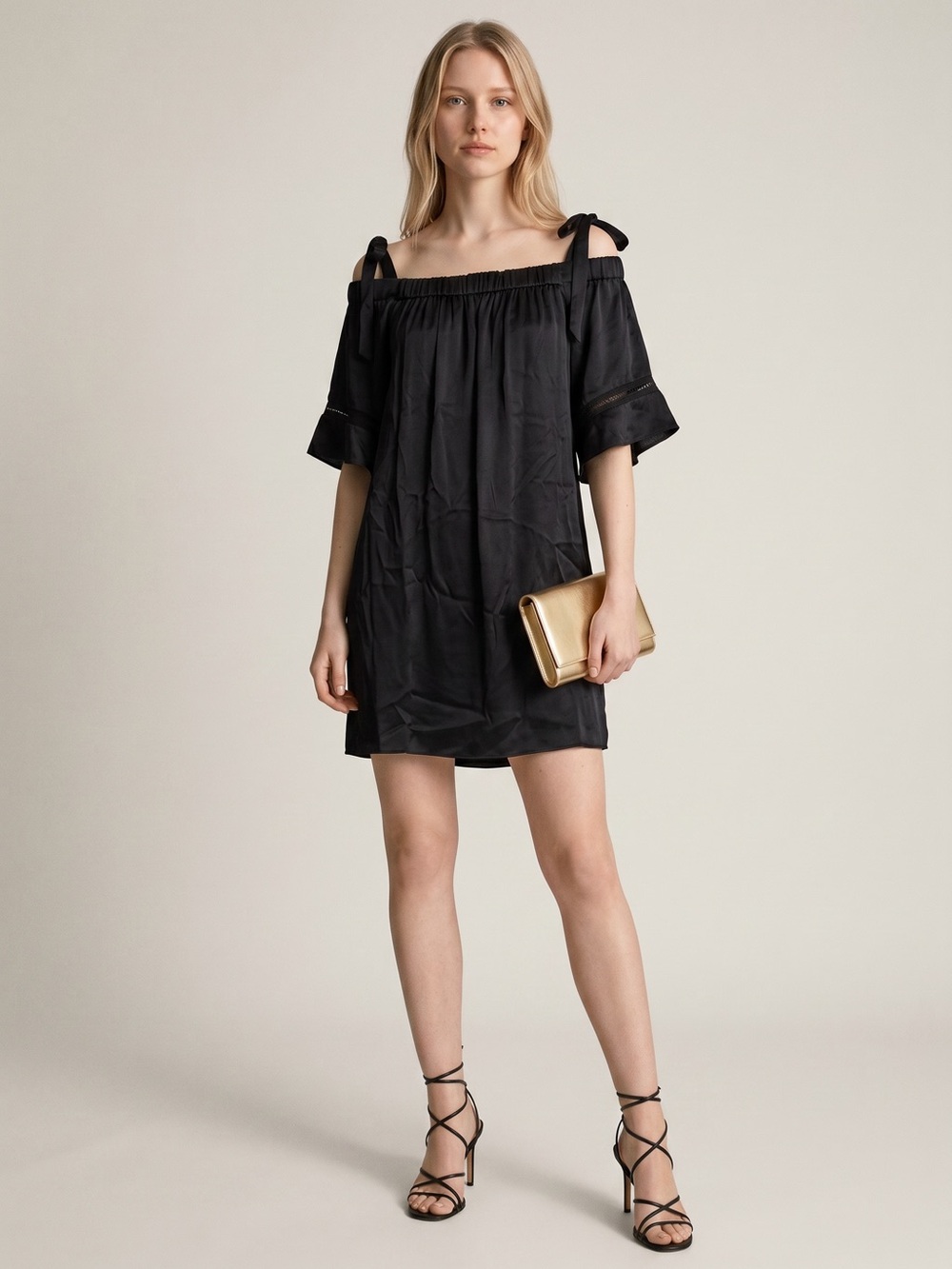 Alexis Black Off Shoulder Satin Mini Dress Size S Tie Sleeve Evening Cocktail